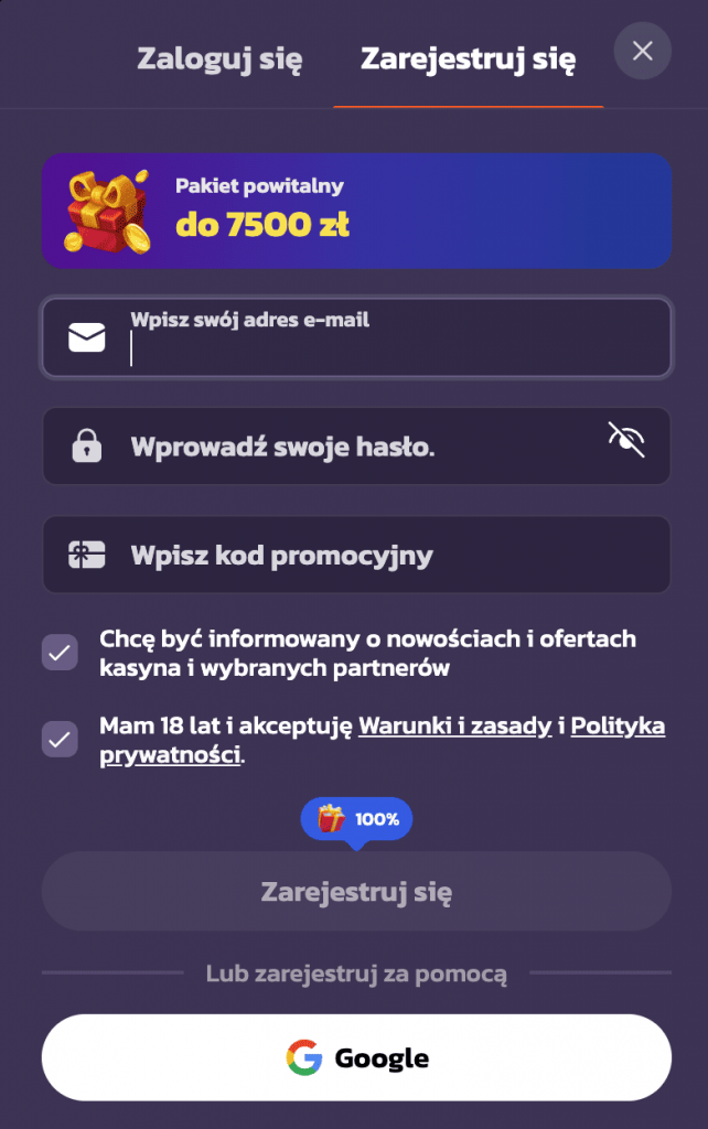 Rejestracja w Coolzino Kasyno